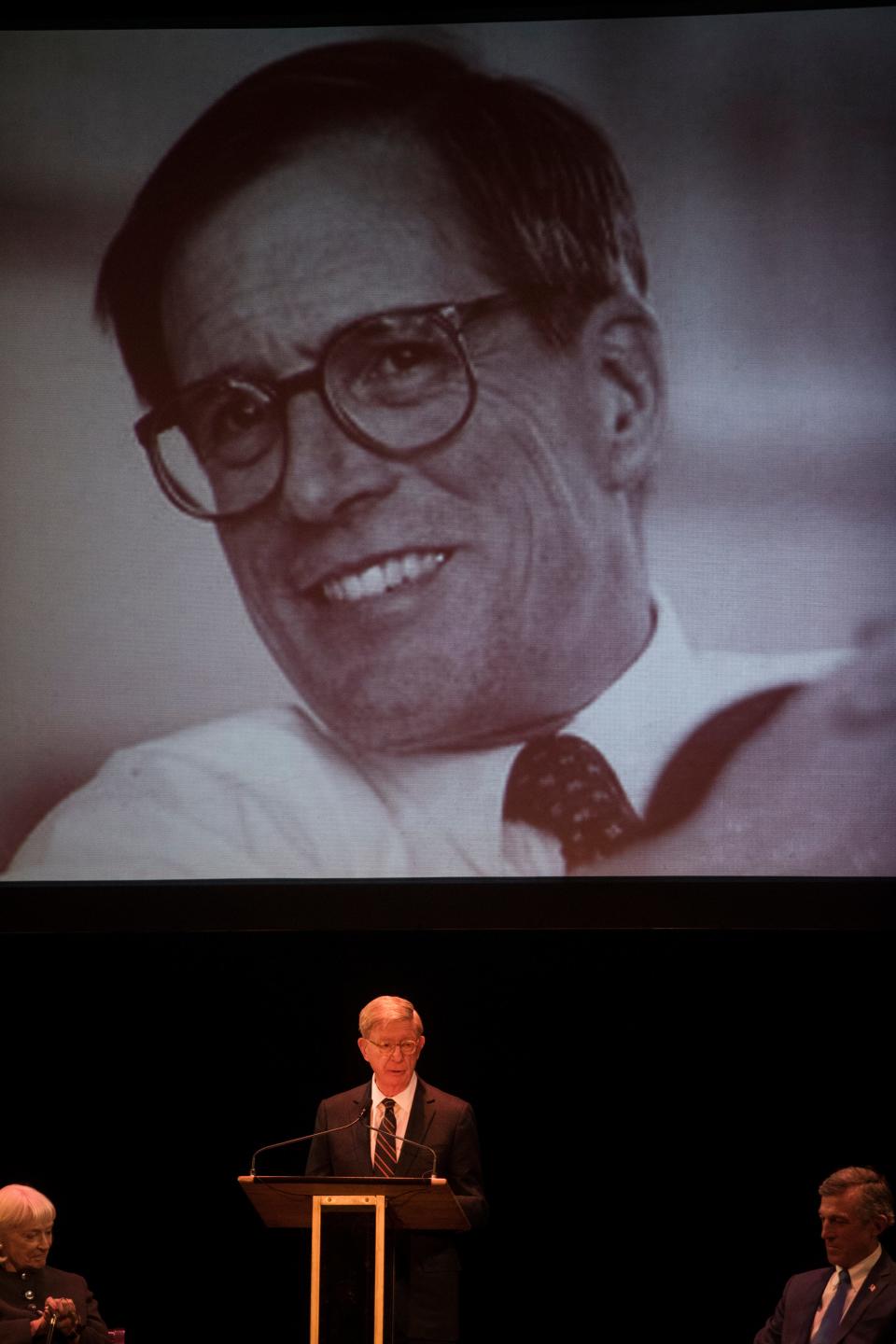Columnist George Will speaks during a memorial service for Pete du Pont Friday, April 29, 2022, at The Playhouse on Rodney Square. 