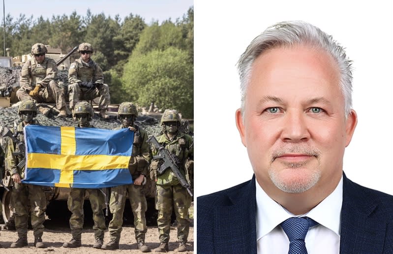 Swedish ambassador to Singapore, Kent Härstedt (right) and Swedish soldiers taking part in a military exercise in Poland on 19 May 2022 (left). (PHOTOS: Embassy of Sweden in Singapore and AFP via Getty Images)

