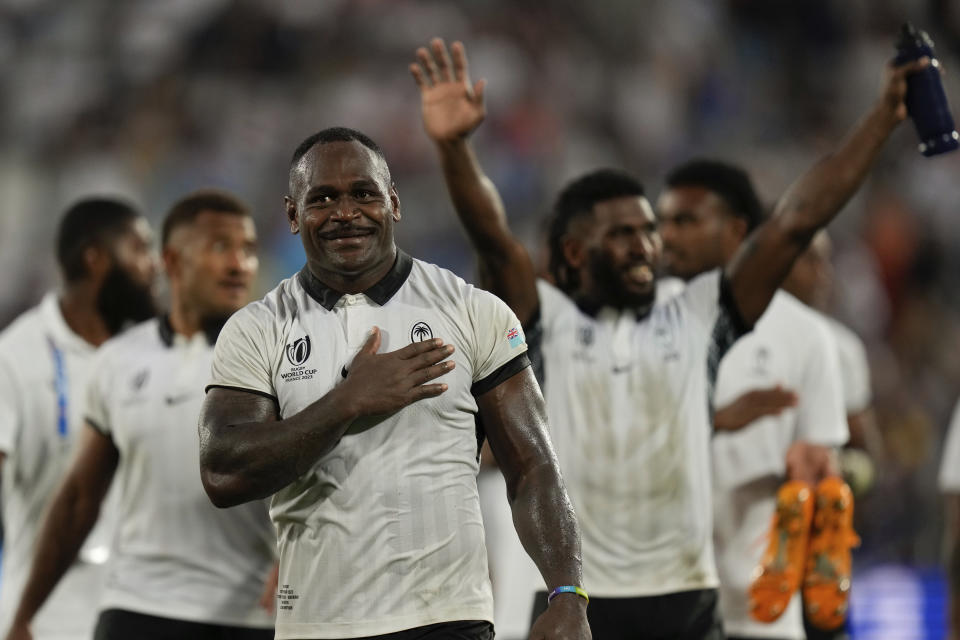 Fiji's Levani Botia celebrates at the end of the Rugby World Cup Pool C match between Fiji and Georgia at the Stade de Bordeaux in Bordeaux, France, Saturday, Sept. 30, 2023. (AP Photo/Thibault Camus)