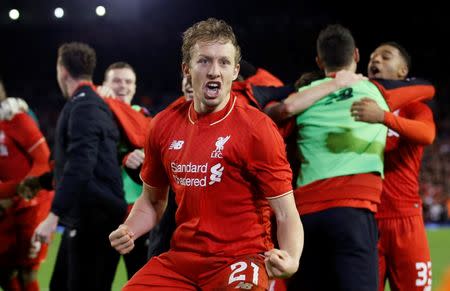 Football Soccer - Liverpool v Stoke City - Capital One Cup Semi Final Second Leg - Anfield - 26/1/16 Liverpool's Lucas Leiva celebrates after winning the penalty shootout Action Images via Reuters / Carl Recine Livepic EDITORIAL USE ONLY.