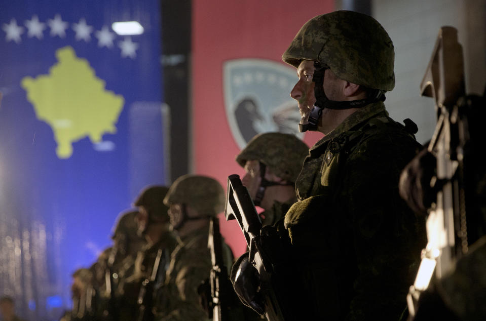 FILE - In this file photo dated Friday, Dec. 14, 2018, soldiers of Kosovo Security Force at the end of the army formation ceremony in capital Pristina, Kosovo. President Hashim Thaci held a briefing on Sunday Dec. 16, 2018, saying the decision to transform the country’s security force into an army is “irreversible” but assures neighboring Serbia it doesn’t have to worry about ethnic Serbs living in Kosovo. (AP Photo/Visar Kryeziu, FILE)