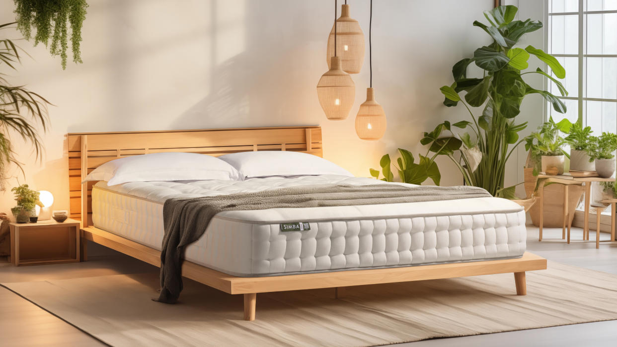  Image shows the Simba Escape Mattress in a neutral, well-lit bedroom. 