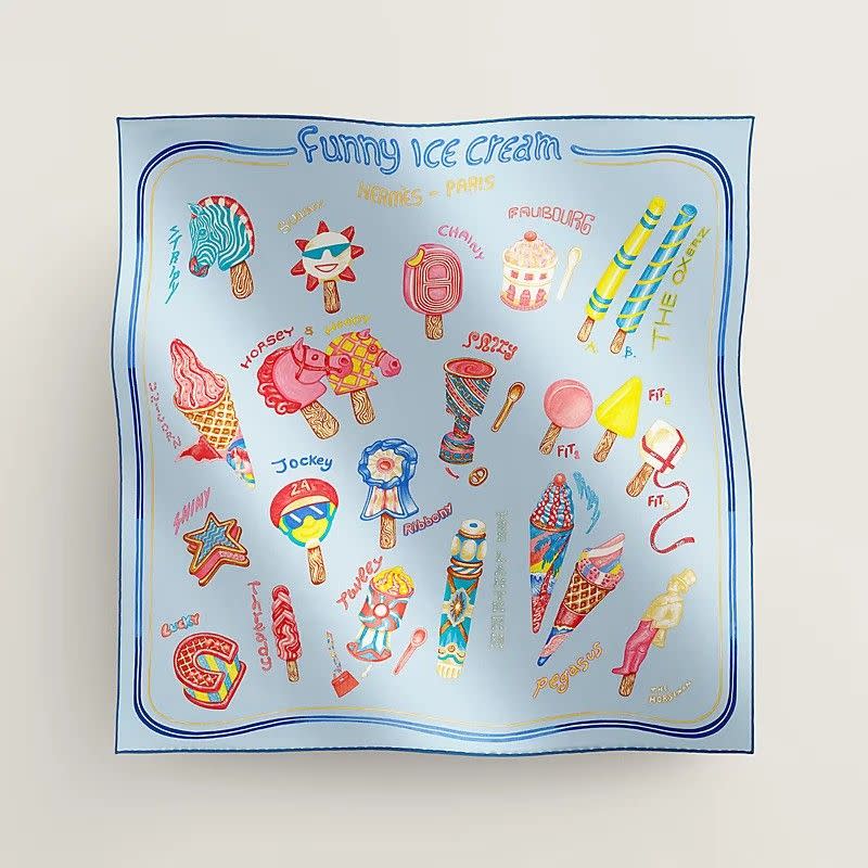 <p><a href="https://www.hermes.com/us/en/product/funny-ice-cream-scarf-70-H984109Sv07/" rel="nofollow noopener" target="_blank" data-ylk="slk:Shop Now;elm:context_link;itc:0;sec:content-canvas" class="link ">Shop Now</a></p><p>Funny Ice Cream scarf 70</p><p>hermes.com</p><p>$415.00</p><span class="copyright">Hermès </span>