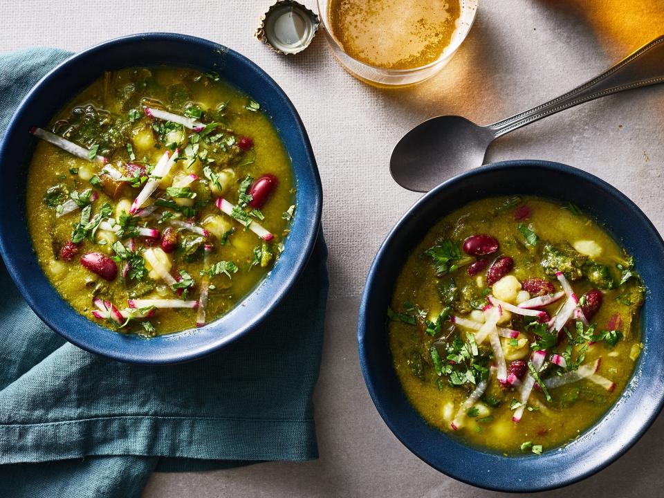 <p>Plan to put this easy and comforting vegetarian pozole on repeat all season long. The vibrant stew offers the smoky, delicately spicy, and bright flavors characteristic of traditional pozole, simply without the pork. Fresh spinach and red kidney beans add color and hearty texture, while also upping the iron and protein content of the pozole. So whether you or loved ones follow a meat-free diet or are simply looking to cut back a little on the animal protein, it’s a perfect (not to mention, perfectly simple) dish that’s sure to impress. </p> <p><a href="https://www.myrecipes.com/recipe/vegetarian-pozole" rel="nofollow noopener" target="_blank" data-ylk="slk:Vegetarian Pozole Recipe;elm:context_link;itc:0;sec:content-canvas" class="link ">Vegetarian Pozole Recipe</a></p>