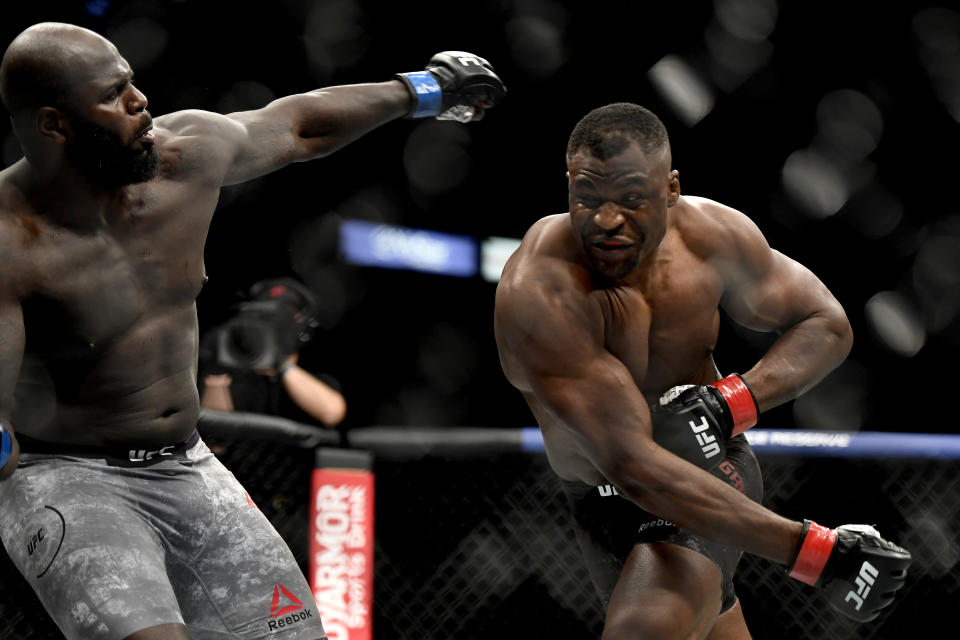 JACKSONVILLE, FLORIDA - MAY 09: Francis Ngannou (R) of Cameroon misses a punch against Jair Rozenstruik of Suriname in their Heavyweight fight during UFC 249 at VyStar Veterans Memorial Arena on May 09, 2020 in Jacksonville, Florida. (Photo by Douglas P. DeFelice/Getty Images)