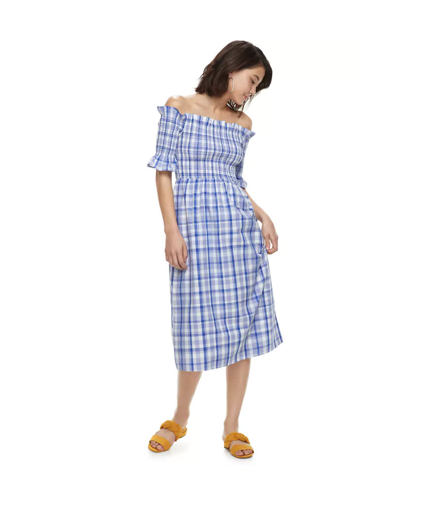 <p>Off-the-shoulder Bardot midi dress, $34, <a rel="nofollow noopener" href="https://www.kohls.com/product/prd-3249604/klab-plaid-smocked-off-the-shoulder-bardot-midi-dress.jsp?skuId=50203425" target="_blank" data-ylk="slk:kohls.com;elm:context_link;itc:0;sec:content-canvas" class="link ">kohls.com</a> </p>