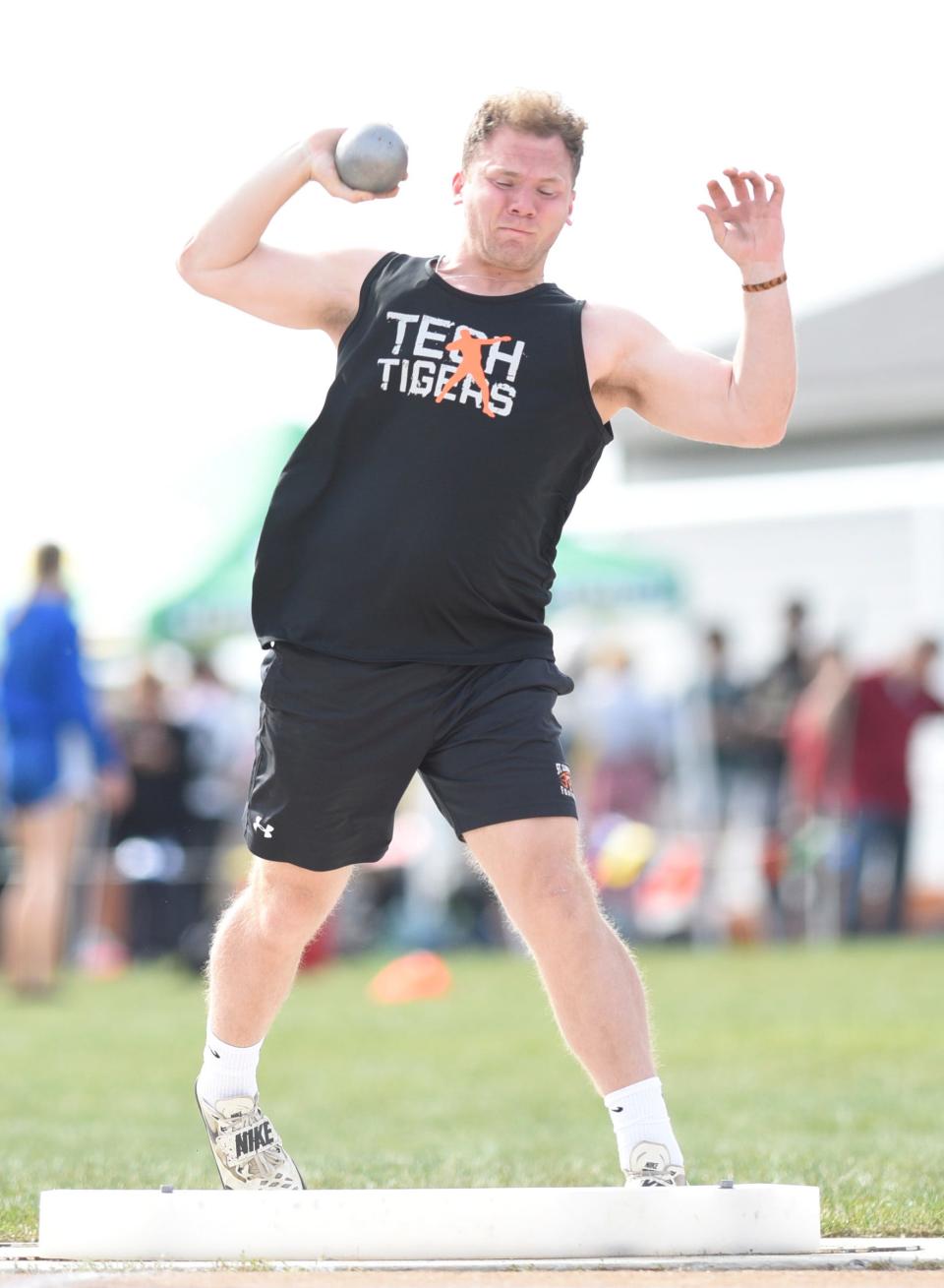 Tech's Josh Russell throws the shot put Tuesday, May 24, 2022, at the Central Lakes Conference Championship at Tech High School.