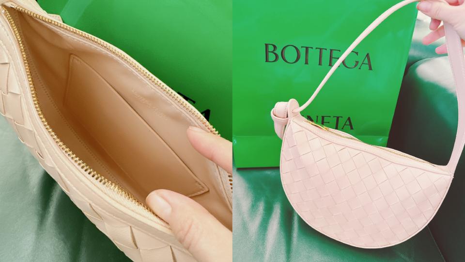 櫻花粉精品包推薦：Bottega Veneta SUNRISE 編織皮革肩背包，NT$62,600。圖片來源/編輯拍攝