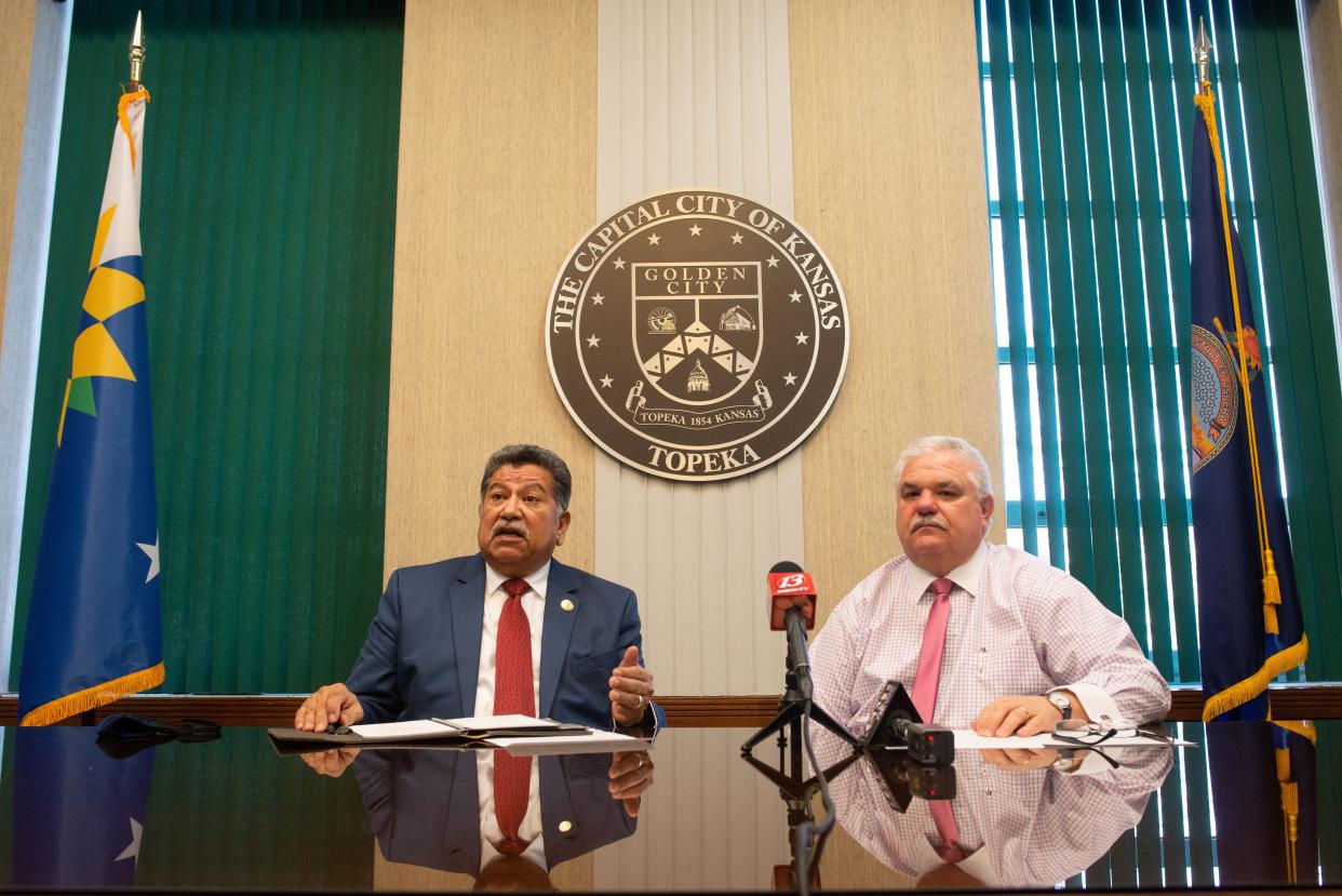 Topeka interim city manager Bill Cochran, right, answers questions with Mayor Mike Padilla during their first monthly news conference in January at City Hall.