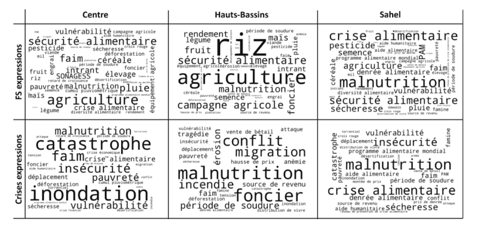 Image montrant les termes les plus discriminants selon 3 grandes Régions et 2 lexiques de sécurité alimentaire. Fourni par l'auteur