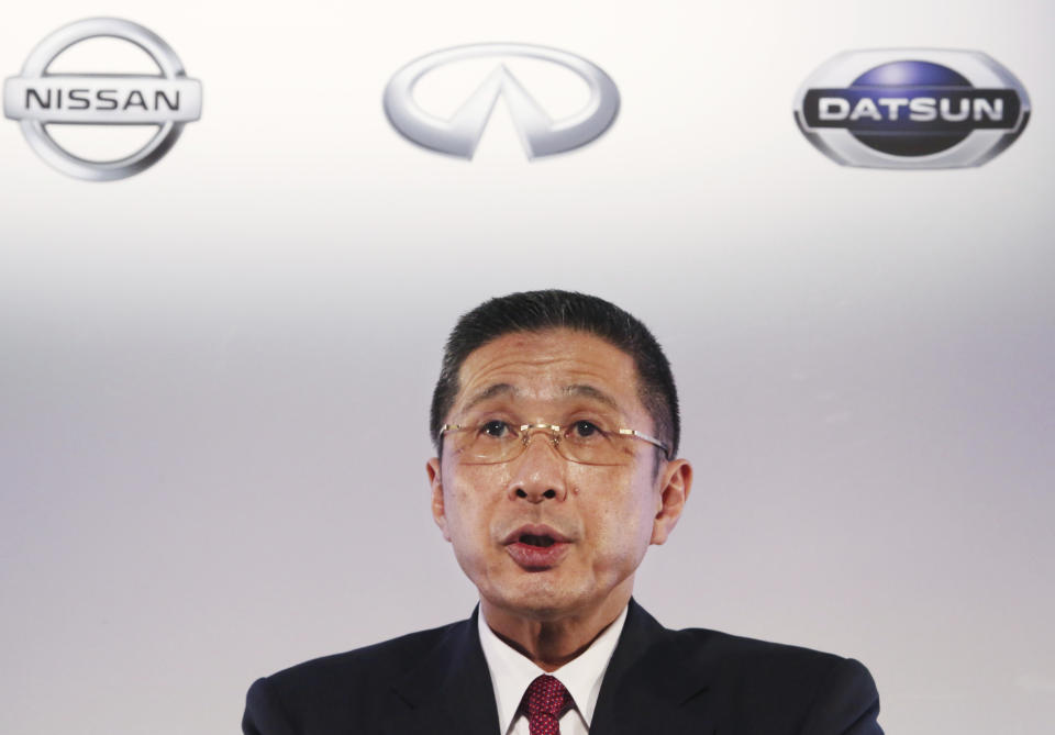 Nissan Motor Co. Chief Executive Hiroto Saikawa speaks during a press conference at its Global Headquarters in Yokohama, near Tokyo Tuesday, May 14, 2019. Japanese automaker Nissan, reeling from the arrest of its former Chairman Carlos Ghosn, reported Tuesday that annual profit nose-dived to less than half of what it earned the previous year, and forecast even dimmer results going forward.(AP Photo/Koji Sasahara)