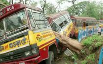 A bus damaged by a fallen tree due to Cyclone Amphan, is seen in Kolkata - REUTERS