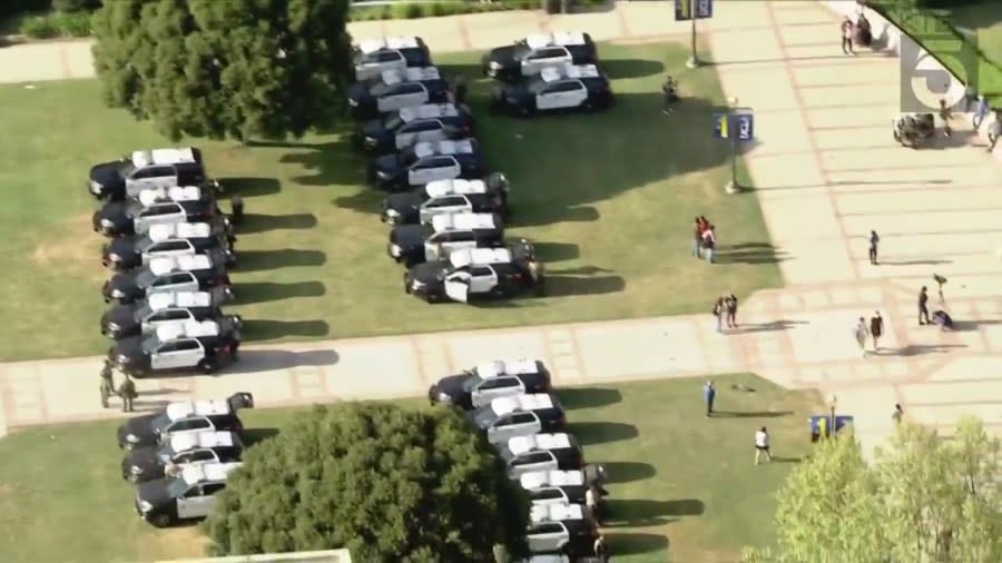 Around two dozen enforcement vehicles seen on the campus of UCLA on May 1 after violence broke out against pro-Palestinian demonstrators and pro-Israeli counter-protesters. (KTLA)