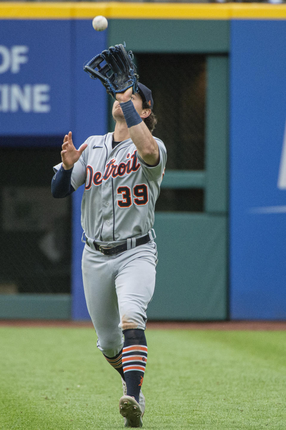 Detroit Tigers' Zach McKinstry catches a fly ball hit by Cleveland Guardians' David Fry during the fourth inning of a baseball game in Cleveland, Monday, May 8, 2023. (AP Photo/Phil Long)
