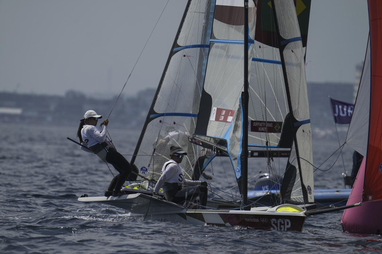 Singapore sailors Kimberly Lim and Cecilia Low in action in the women's 49er FX class competition at the 2020 Tokyo Olympics. (PHOTO: SNOC/Kong Chong Yew)