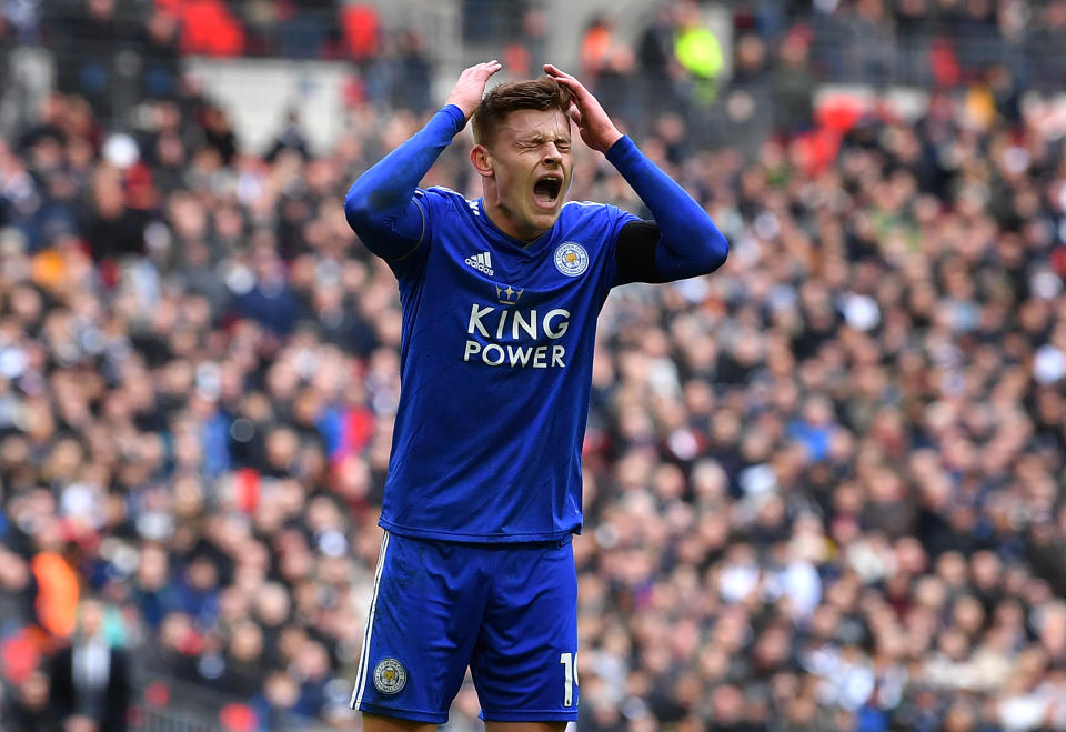 Harvey Barnes of Leicester City reacts after missing a chance during the Premier League match between Tottenham Hotspur and Leicester City at Wembley Stadium on February 10, 2019 in London, United Kingdom. Image: Getty