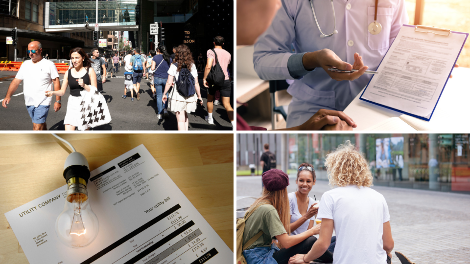 A split picture of pedestrians, a health form, an energy bill, and students.