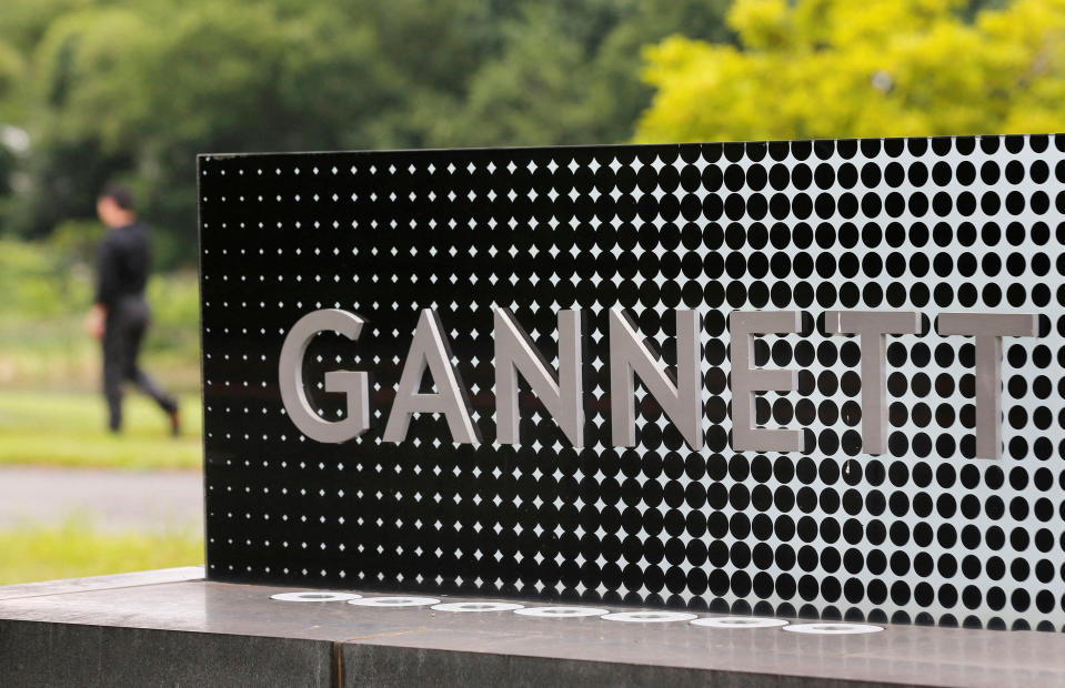 The logo of Gannett Co is seen outside their corporate headquarters in McLean, Virginia, July 23, 2013.   REUTERS/Larry Downing/