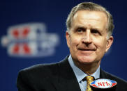 FILE - NFL Commissioner Paul Tagliabue delivers his State of the NFL remarks ahead of Super Bowl XL in Detroit, in this Friday, Feb. 3, 2006, file photo. Tagliabue will be enshrined as part of the 2020 class voted into the Pro Football Hall of Fame. (AP Photo/Michael Conroy, File)