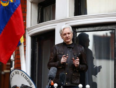 FILE PHOTO: WikiLeaks founder Julian Assange speaks on the balcony of the Embassy of Ecuador in London, Britain, May 19, 2017. REUTERS/Neil Hall