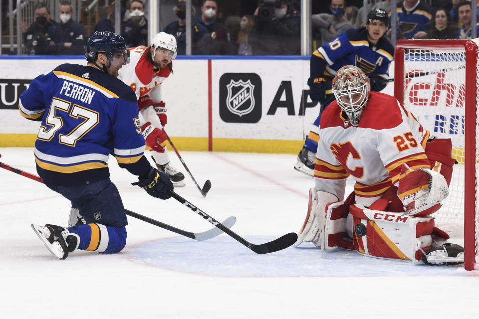 Calgary Flames goaltender Jacob Markstrom (25) blocks a shot from St. Louis Blues left wing David Perron (57) during the second period of an NHL hockey game Thursday, Jan. 27, 2022, in St. Louis. (AP Photo/Joe Puetz)