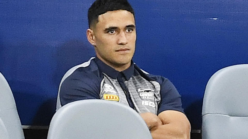 Valentine Holmes, pictured here after injuring his ankle against the Roosters.