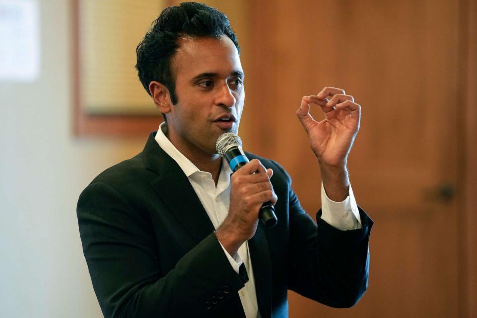 PHOTO: Republican presidential candidate Vivek Ramaswamy speaks during a town hall meeting, Sept. 8, 2023, in Carroll, Iowa. (Charlie Neibergall/AP, FILE)