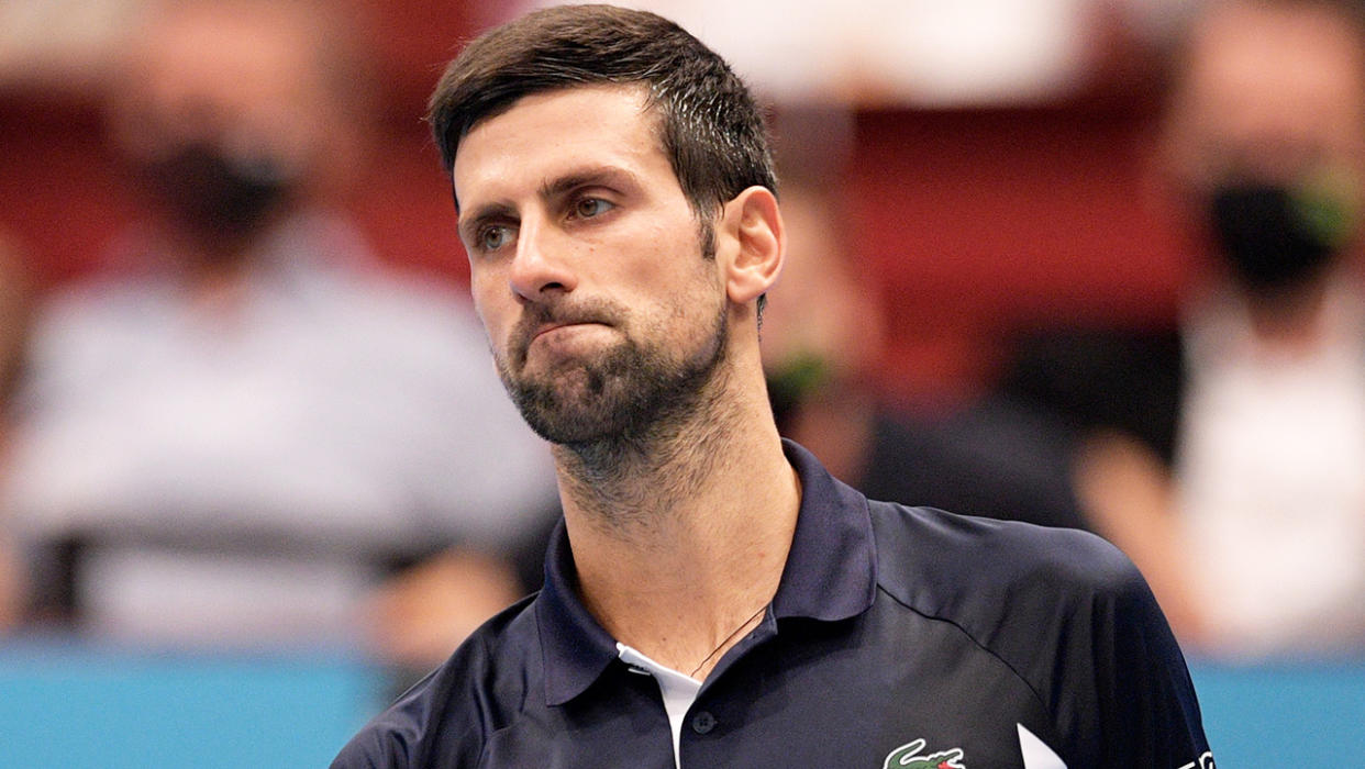 Novak Djokovic is pictured after his loss to Lorenzo Sonego at the Vienna Open.