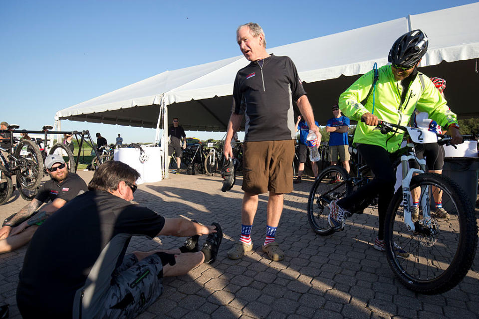 <p>Bush 43 wore a patriotic pair when he hosted the Fifth annual Bush Institute Military Service Initiative Warrior 100K bike ride at his Prairie Chapel Ranch outside Crawford, Texas in 2015.</p>