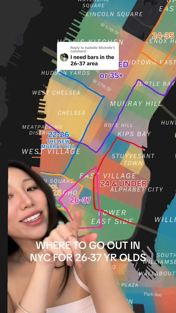 NYC content creator Mimi Shou shared a viral map of hotspots for finding age-appropriate men in Manhattan. @meemshou/TikTok