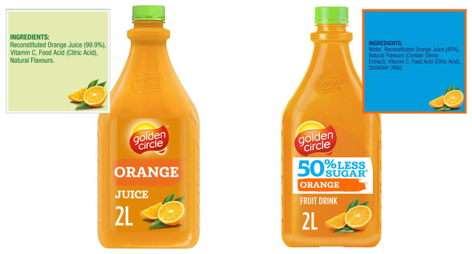 The regular juice is $4.80 (left) but the other alternative is 30c more, despite having 'less juice' and more water. Source: Coles