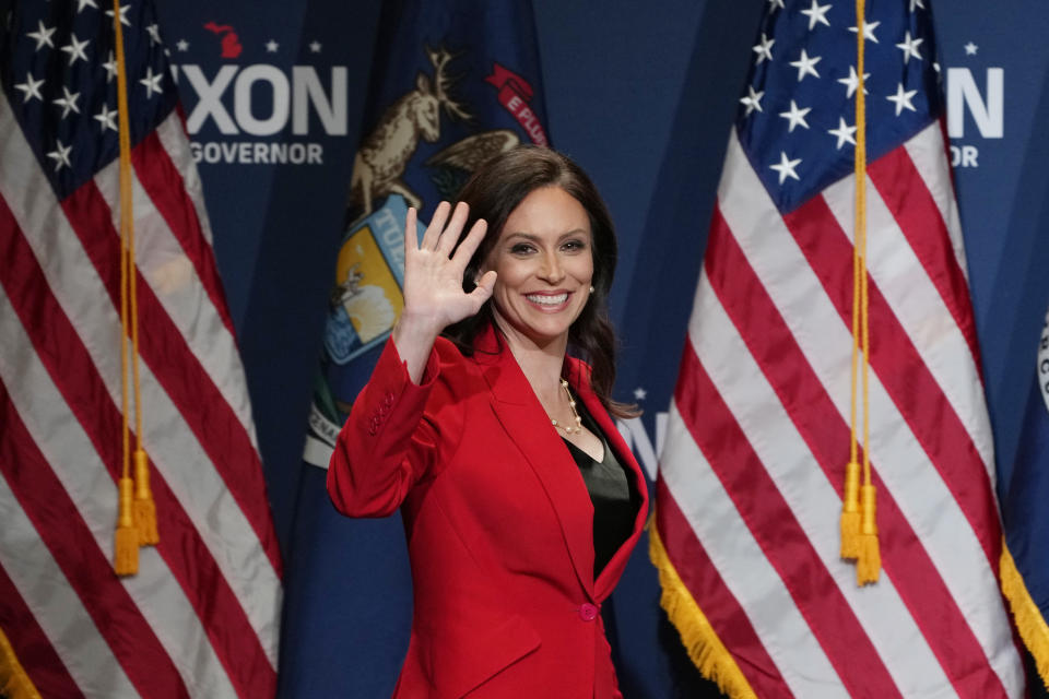 Republican gubernatorial candidate Tudor Dixon appears at a general election party in Grand Rapids, Mich., Tuesday, Nov. 8, 2022. (AP Photo/Paul Sancya)