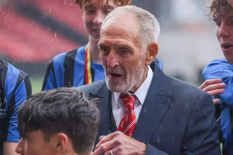 Geoff Merrick presenting the medals at the Woodcock Shield Final