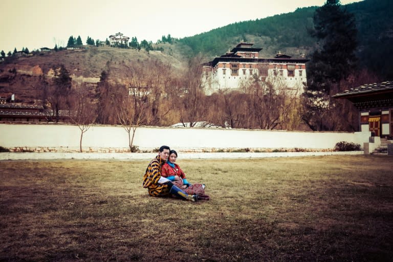 King Jigme Namgyel Wangchuck and Queen Jetsun Pema pose for a photograph at Paro Ugyen Pelri Palace in Bhutan