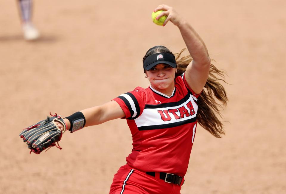 Pitcher Mariah Lopez, goes into her windup as the University of Utah softball team plays Ole Miss in NCAA softball regional championship at Utah in Salt Lake City on Sunday, May 21, 2023. Utah won 4-1. | Scott G Winterton, Deseret News