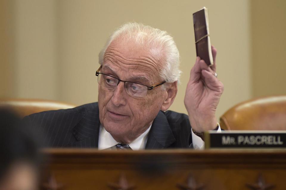 House Ways and Means Committee member Rep. Bill Pascrell Jr., D-N.J. holds up a copy of the Constitution as he speaks at the committee's meeting on Capitol Hill in Washington, Tuesday, March 28, 2017. Pascrell introduced House Resolution 186, an inquiry directing the Treasury Secretary to provide to the House of Representatives the tax returns and other specified financial information of President Donald Trump. 