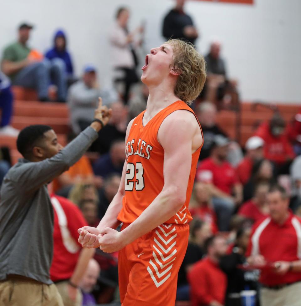 Desales' Crew Gibson (23) reacted at the conclusion of their 62-58 victory over PRP in the Boys 6th Region quarterfinals at the PRP High School in Louisville, Ky. on Feb. 28, 2023.