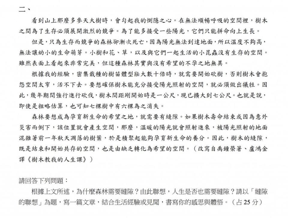 今年學測國文情意題，要求考生以「縫隙的聯想」為題，從森林的縫隙出發，結合生活經驗或見聞，書寫自己的感思與體悟。取自大考中心