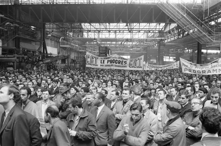 On May 1, 1968, striking workers and members of the CGT union rally at the Renault car making factory of Boulogne-Billancourt, Between seven and 10 million workers went on strike that year