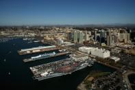 (EDITORS NOTE: Image was created using a variable planed lens.) An aerial view of the Battle On The Midway college basketball game played between the Syracuse Orange and the San Diego State Aztecs on board the USS Midway on November 11, 2012 in San Diego, California. (Photo by Ezra Shaw/Getty Images)