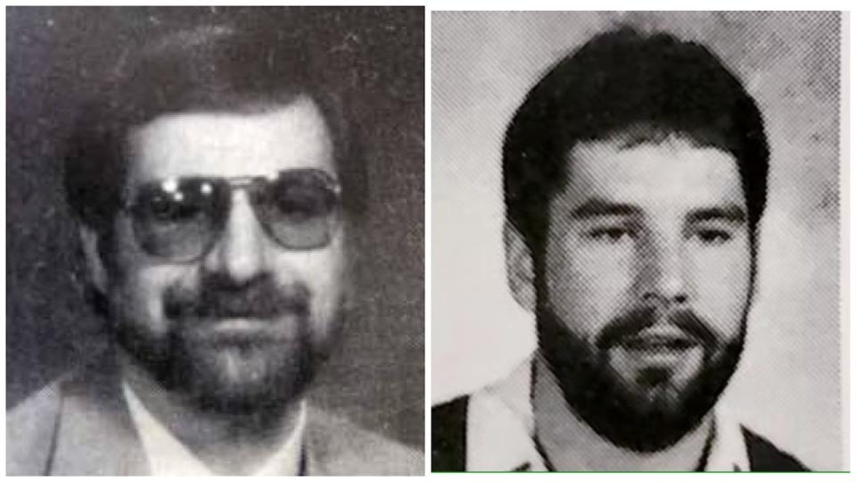 A lawsuit against the Calgary Board of Education will be updated this week to add Fred Archer, left, as a defendant, alleging he and Michael Gregory, right, were both sexually abusing students at John Ware Junior High in the 1990s. (CBC, John Ware Junior High - image credit)