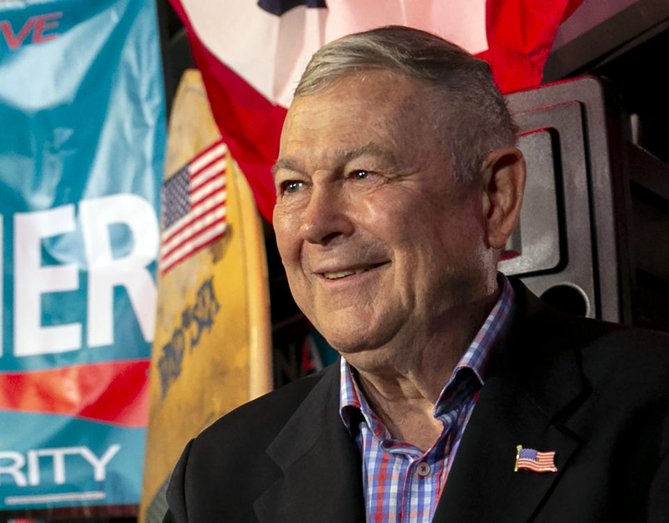 U.S. Rep. Dana Rohrabacher, R-Calif, addresses members of the media and supporters waiting for elections results at the Skosh Monahan's Irish Pub in Costa Mesa, Calif., Tuesday, Nov. 6, 2018. (AP Photo/Damian Dovarganes)