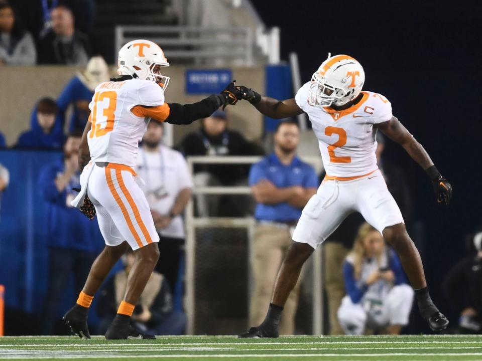 Tennessee defensive backs Wesley Walker (13) and Jaylen McCollough (2) celebrating after a play during an NCAA college football game against Kentucky on Saturday, October 28, 2023 in Lexington, KY.