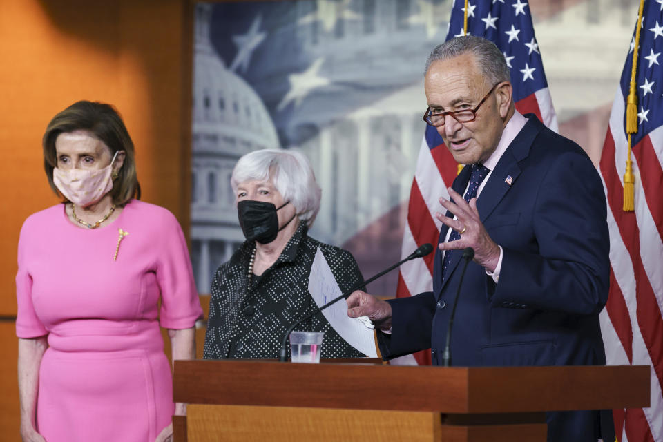 From left, Speaker of the House Nancy Pelosi, D-Calif., Treasury Secretary Janet Yellen, and Senate Majority Leader Chuck Schumer, D-N.Y., update reporters on Democratic efforts to pass President Joe Biden's "Build Back Better" agenda, at the Capitol in Washington, Thursday, Sept. 23, 2021. (AP Photo/J. Scott Applewhite)