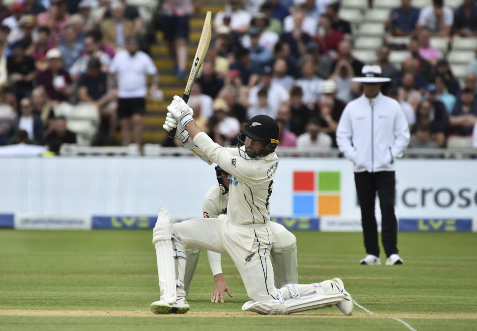 New Zealand's Devon Conway plays a shot during the second day of the second cricket test match between England and New Zealand at Edgbaston in Birmingham, England, Friday, June 11, 2021. (AP Photo/Rui Vieira)