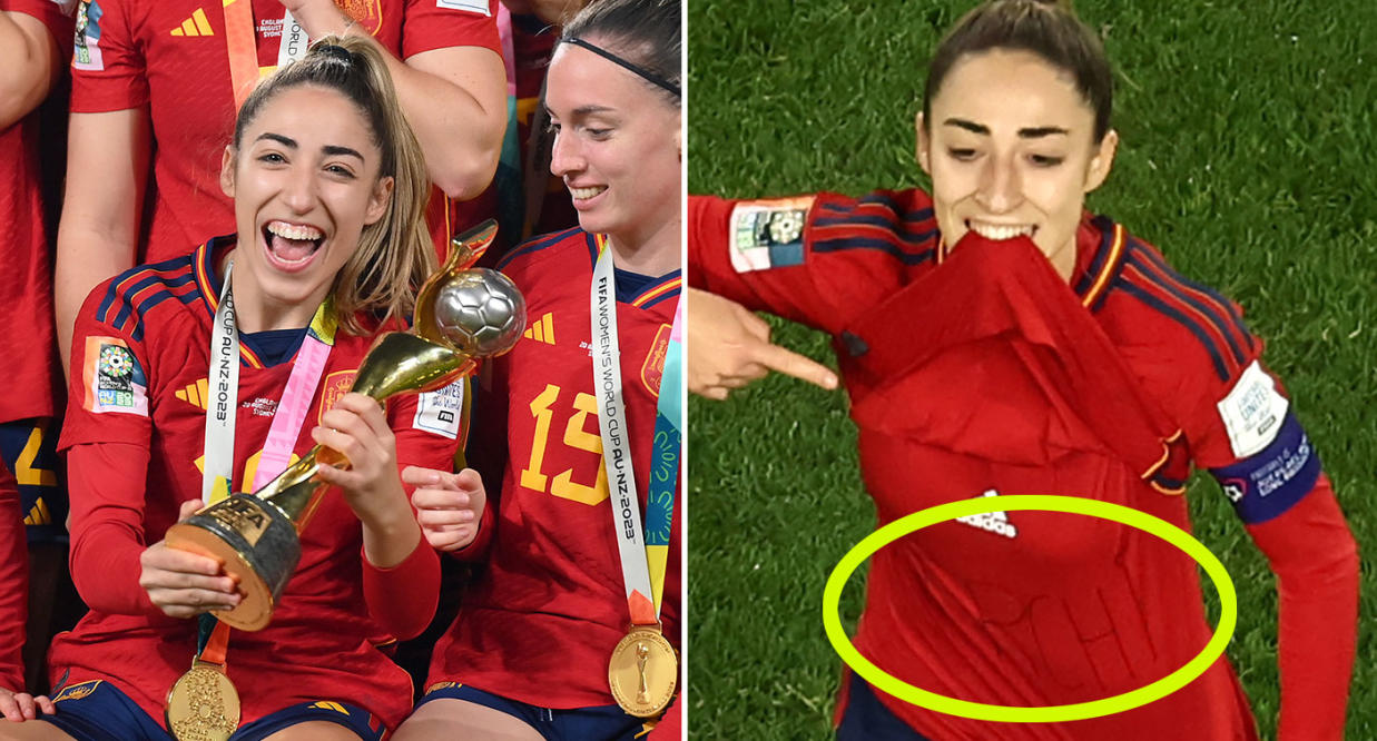 Spain's Olga Carmona shows message on shirt during World Cup win