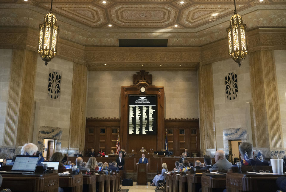 Louisiana Gov. Jeff Landry addresses members of the House and Senate on opening day of a legislative special session focusing on crime, Monday, Feb. 19, 2024, in the House Chamber at the State Capitol in Baton Rouge, La. (Hilary Scheinuk/The Advocate via AP)