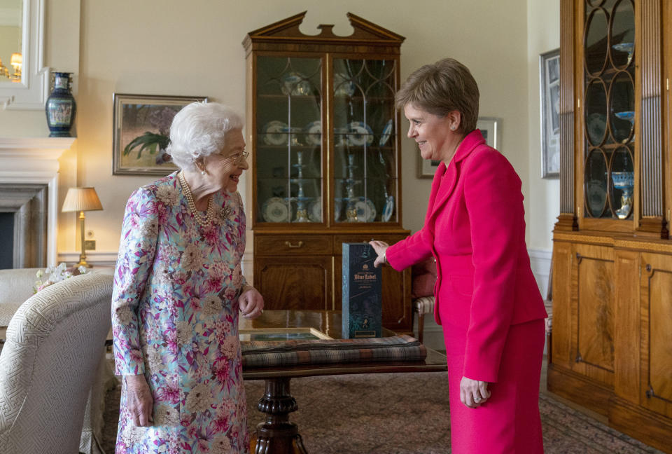 Queen Elizabeth II receives First Minister of Scotland Nicola Sturgeon during an audience at the Palace of Holyroodhouse in Edinburgh, as part of her traditional trip to Scotland for Holyrood Week, on June 29, 2022 in Edinburgh, United Kingdom. Members of the Royal Family are spending a Royal Week in Scotland, carrying out a number of engagements between Monday June 27 and Friday July 01, 2022. (Photo by Jane Barlow - WPA Pool/Getty Images)