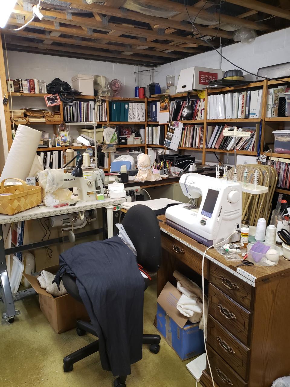 Roberta Houston’s workroom at her home features all kinds of needed materials and equipment