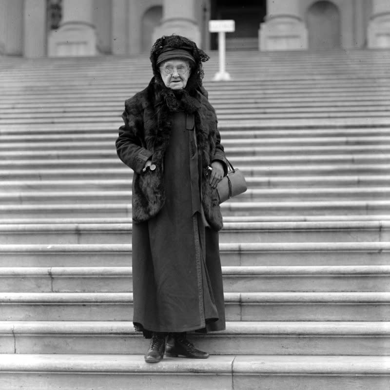 U.S. Sen. Rebecca Felton of Georgia, the first woman to serve in the U.S. Senate, stands on the steps of the Capitol in Washington, D.C. On October 3, 1922, Felton was chosen to become the first woman to serve in the U.S. Senate following the premature death of Sen. Thomas E. Watson. She was sworn in November 21, 1922. File Photo by National Photo Company/Library of Congress